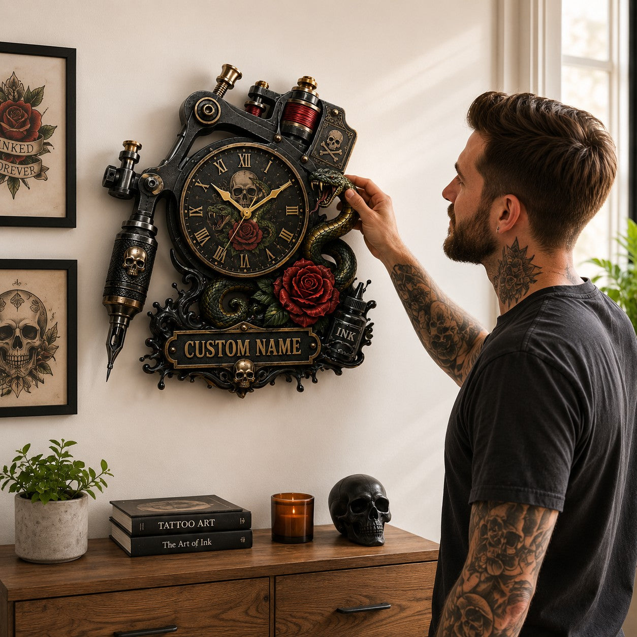 Personalized Tattoo Artists Wall Clock with Custom Name — personalized with a custom name