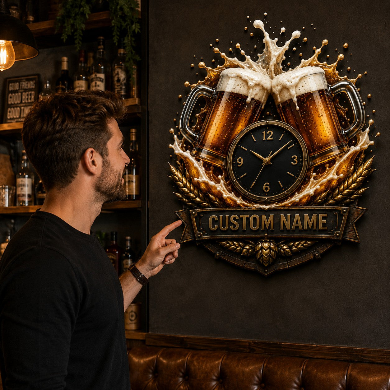 Personalized Craft Beer Celebration Wall Clock with Custom Name — personalized with a custom name