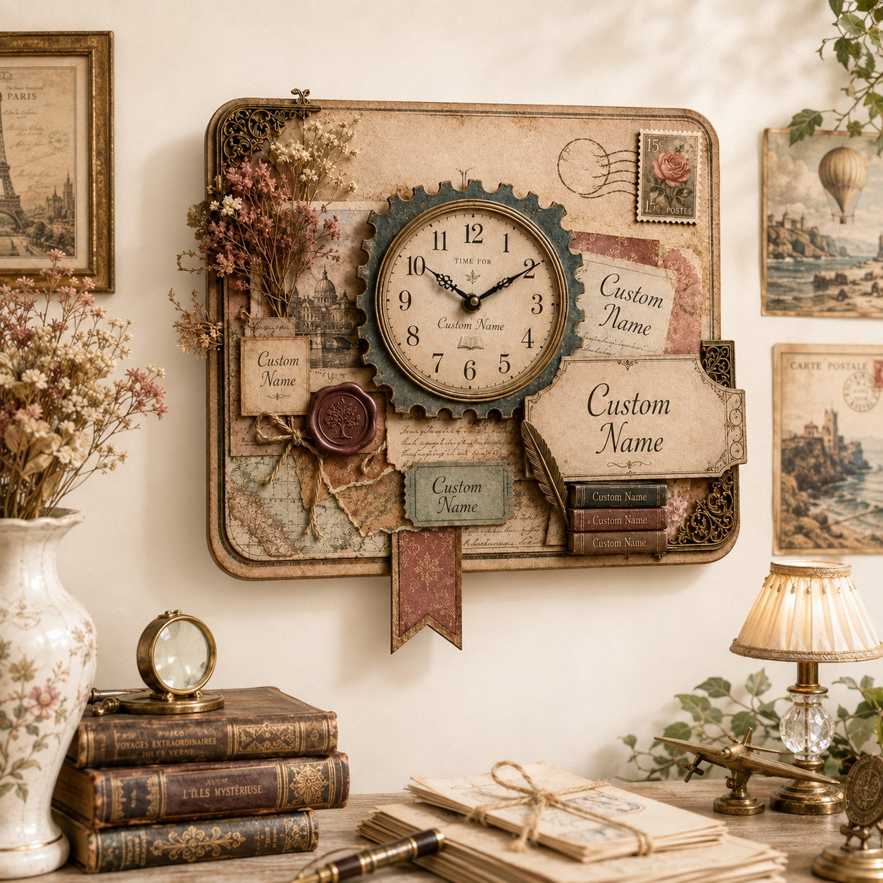 Personalized Vintage Postal Book Lovers Wall Clock with Custom Name — personalized with a custom name