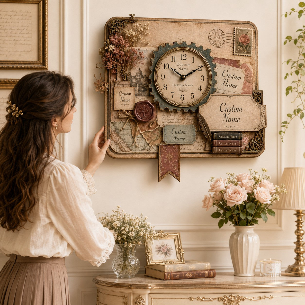 Personalized Vintage Postal Book Lovers Wall Clock with Custom Name — personalized with a custom name