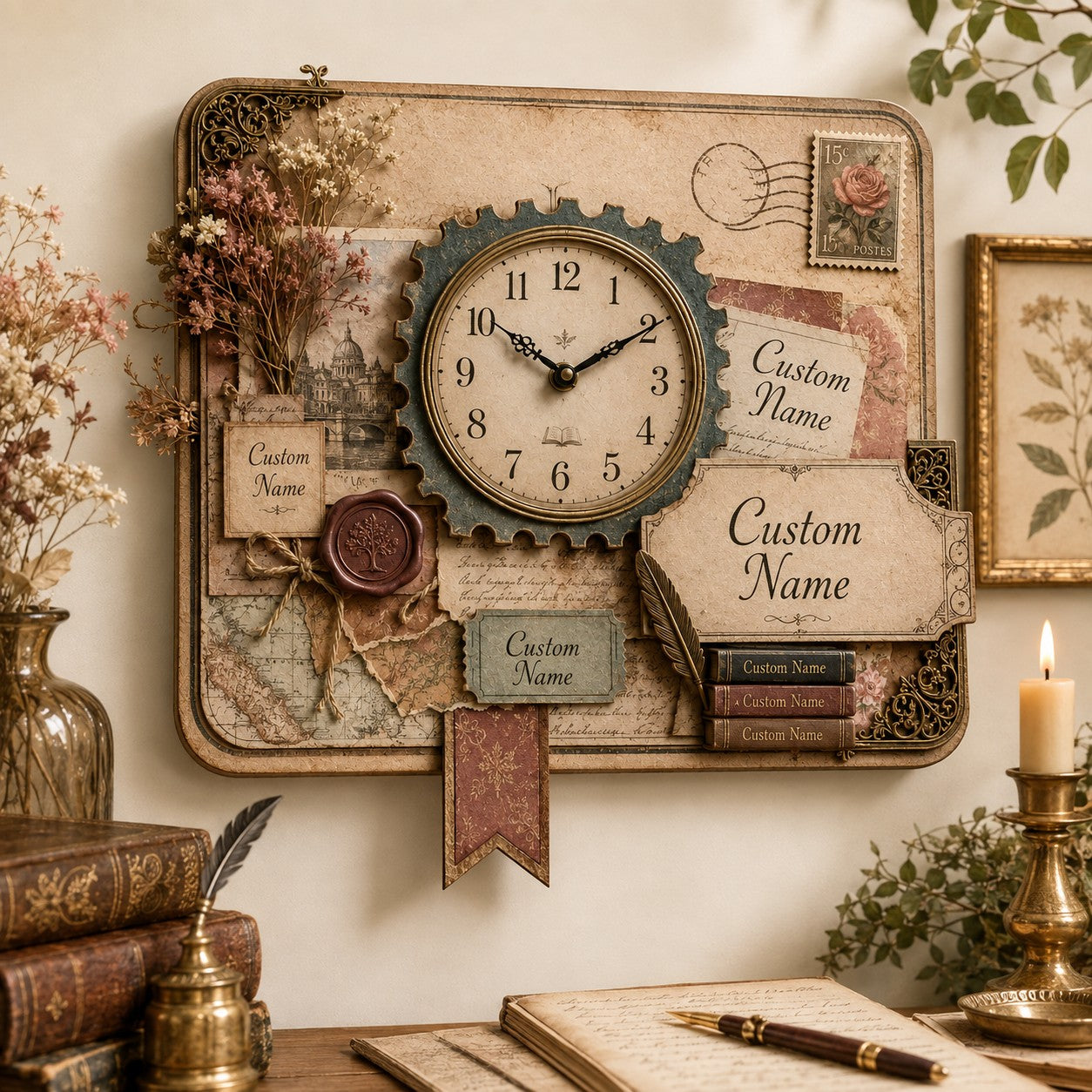 Personalized Vintage Postal Book Lovers Wall Clock with Custom Name — personalized with a custom name
