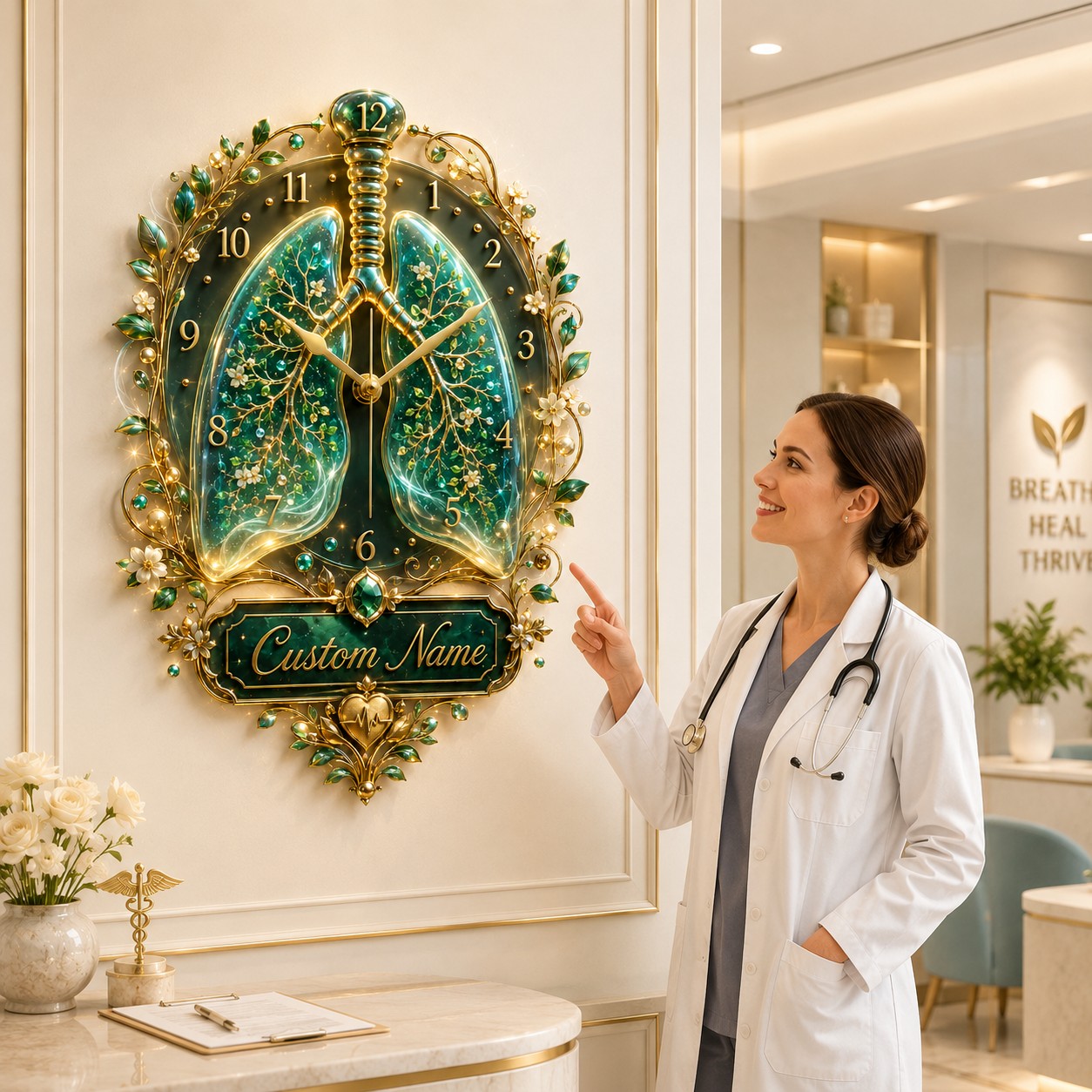 Personalized Respiratory Healthcare Wall Clock with Custom Name — personalized with a custom name