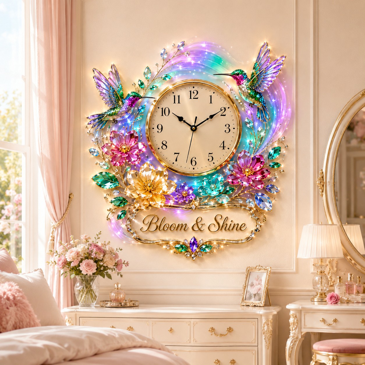Personalized Hummingbird Wall Clock with Custom Name (Design 2) — personalized with a custom name
