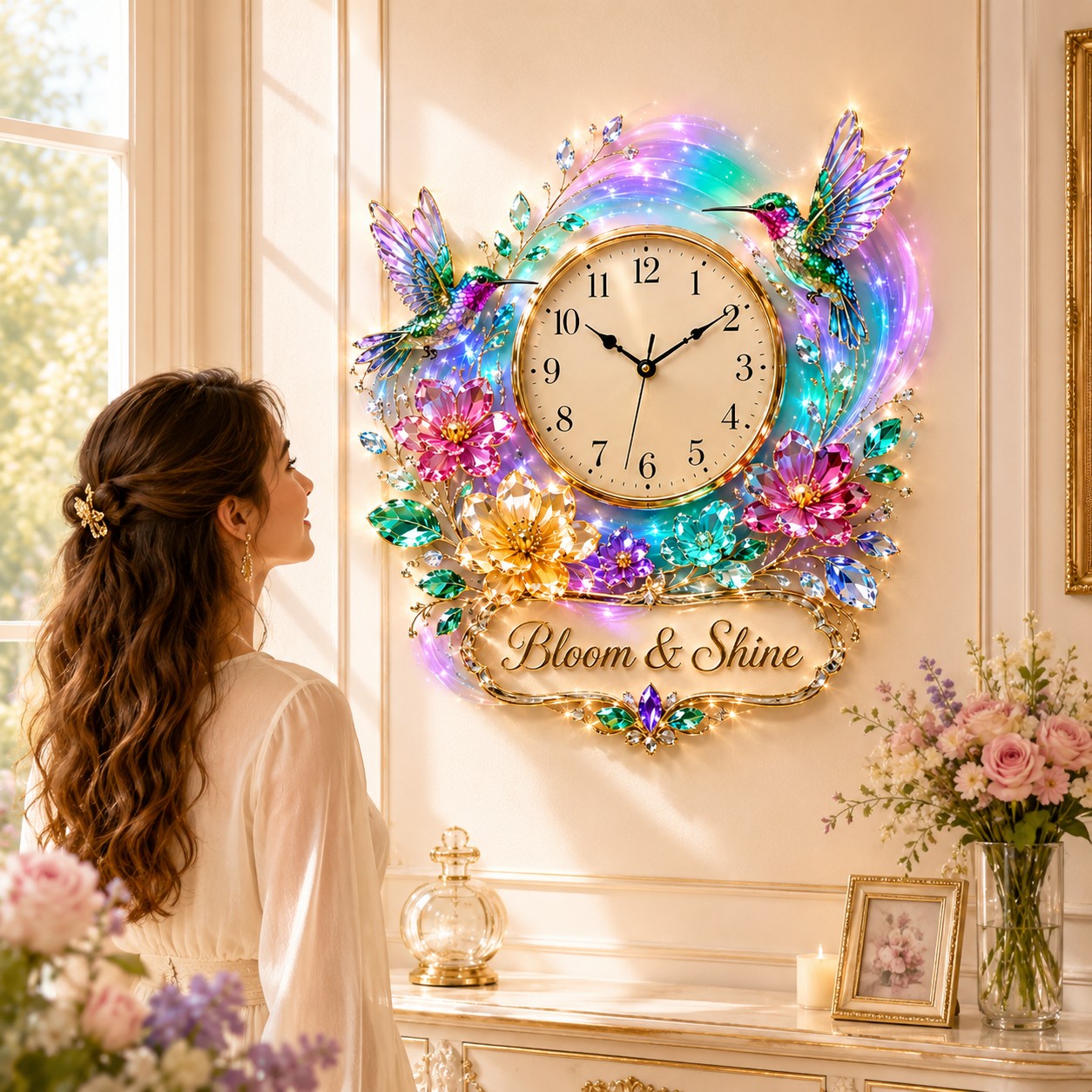 Personalized Hummingbird Wall Clock with Custom Name (Design 2) — personalized with a custom name
