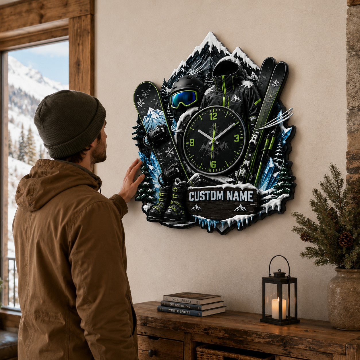 Personalized Winter Sports Wall Clock with Custom Name — personalized with a custom name