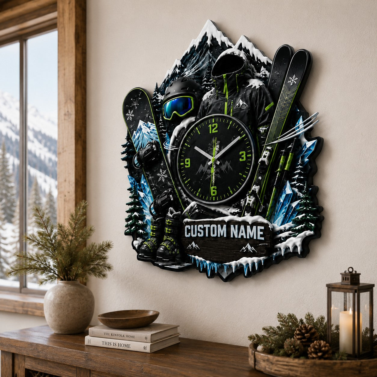 Personalized Winter Sports Wall Clock with Custom Name — personalized with a custom name