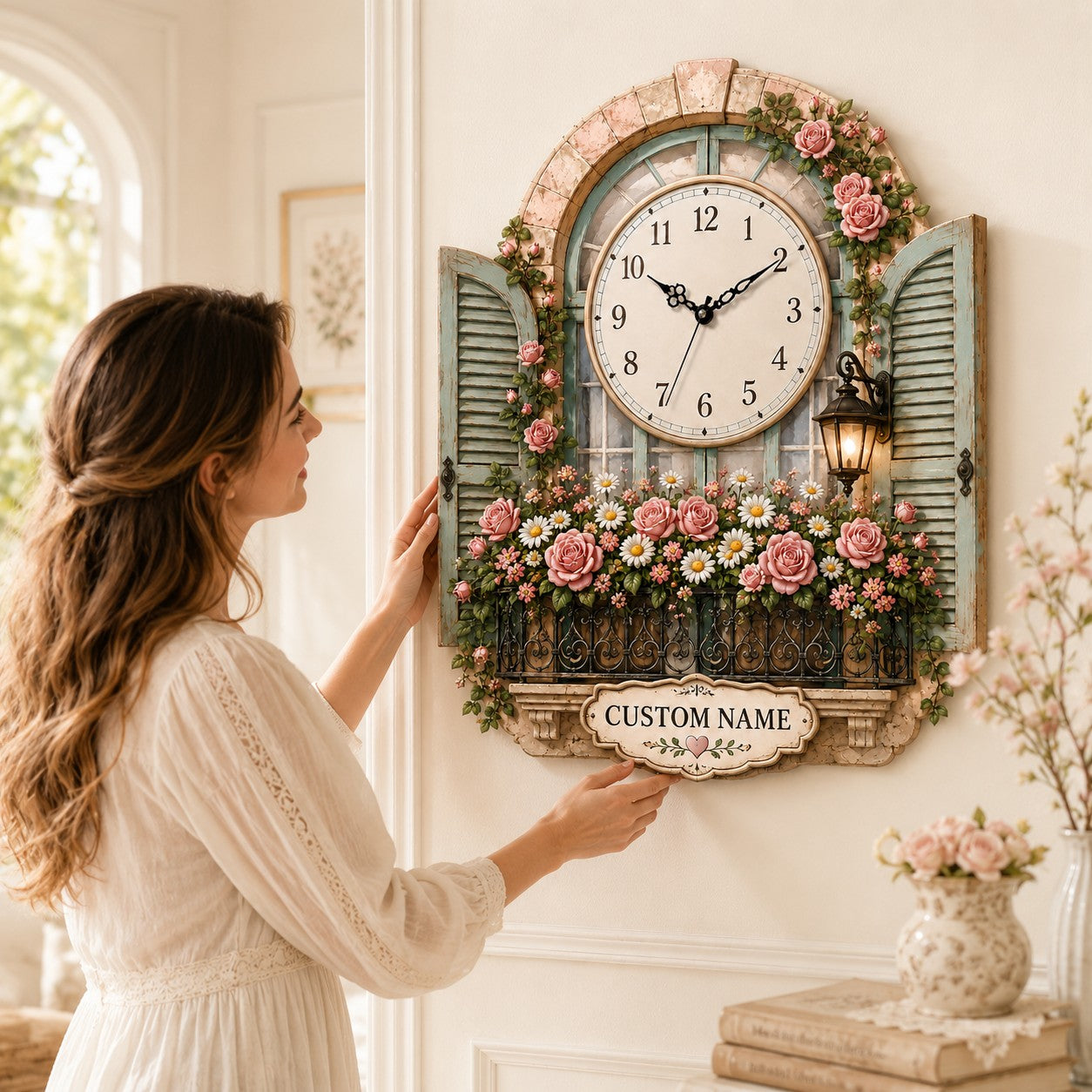 Personalized Rose Window Wall Clock with Custom Name — personalized with a custom name