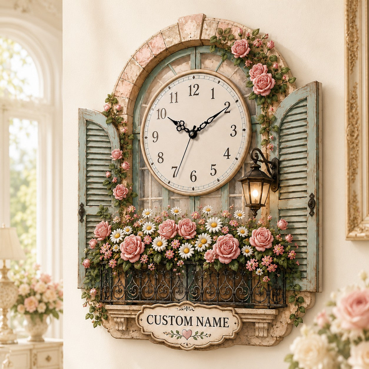 Personalized Rose Window Wall Clock with Custom Name — personalized with a custom name