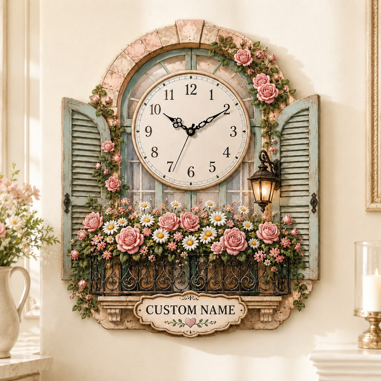 Personalized Rose Window Wall Clock with Custom Name — personalized with a custom name