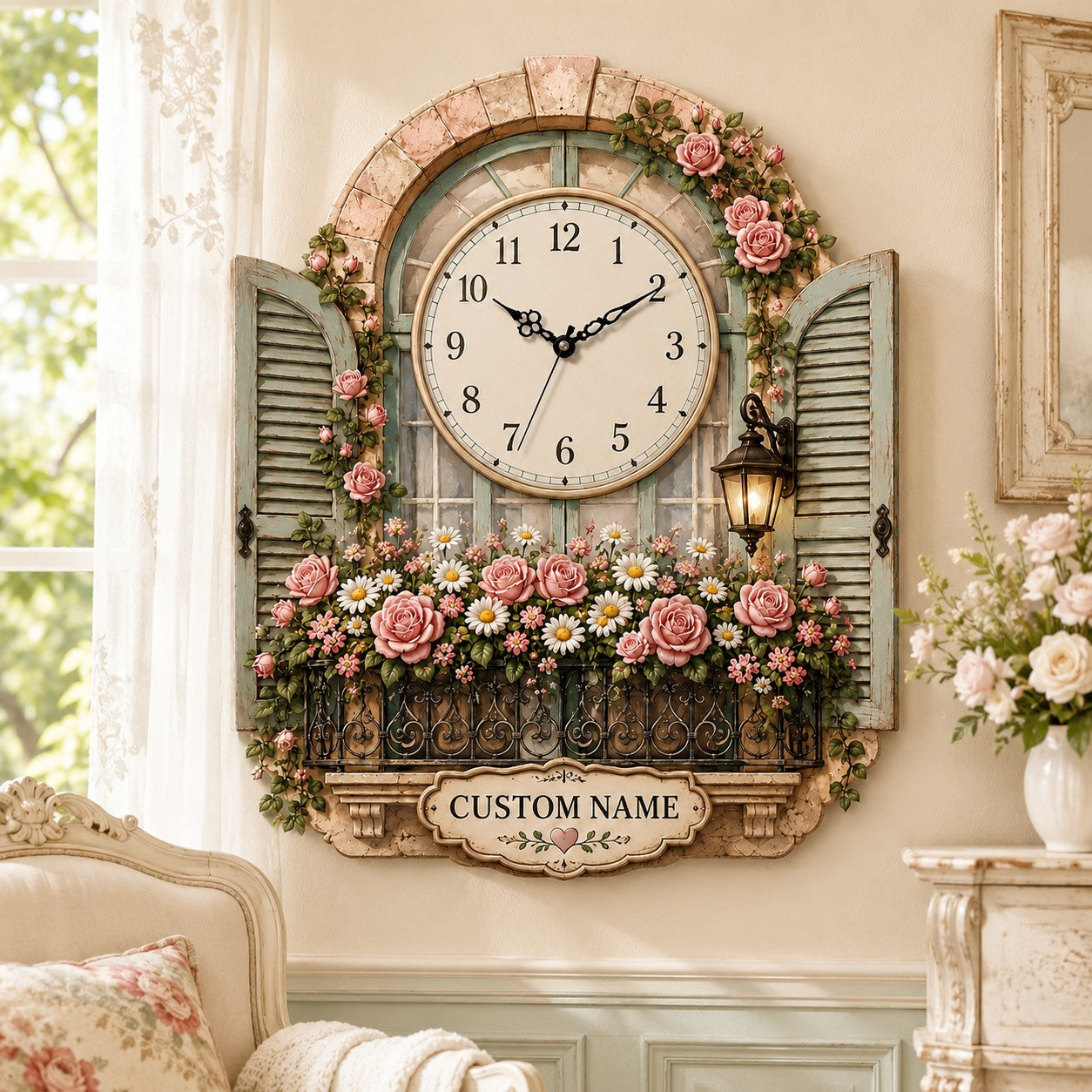 Personalized Rose Window Wall Clock with Custom Name — personalized with a custom name