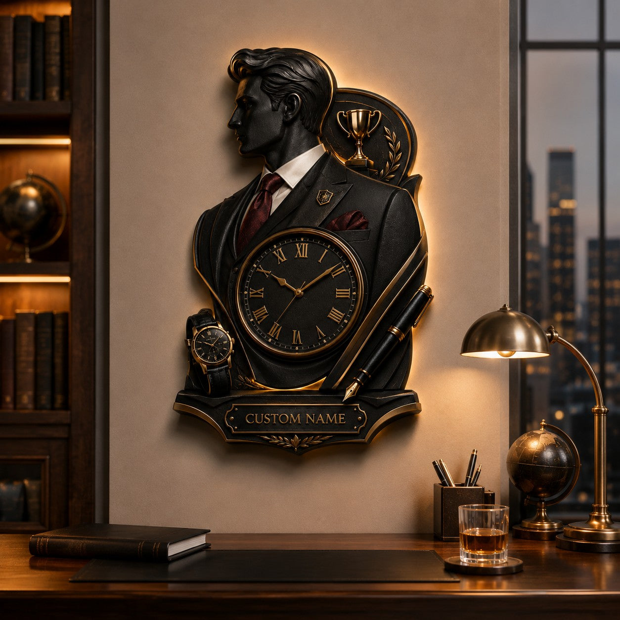 Personalized Executive Portrait Wall Clock with Custom Name — personalized with a custom name