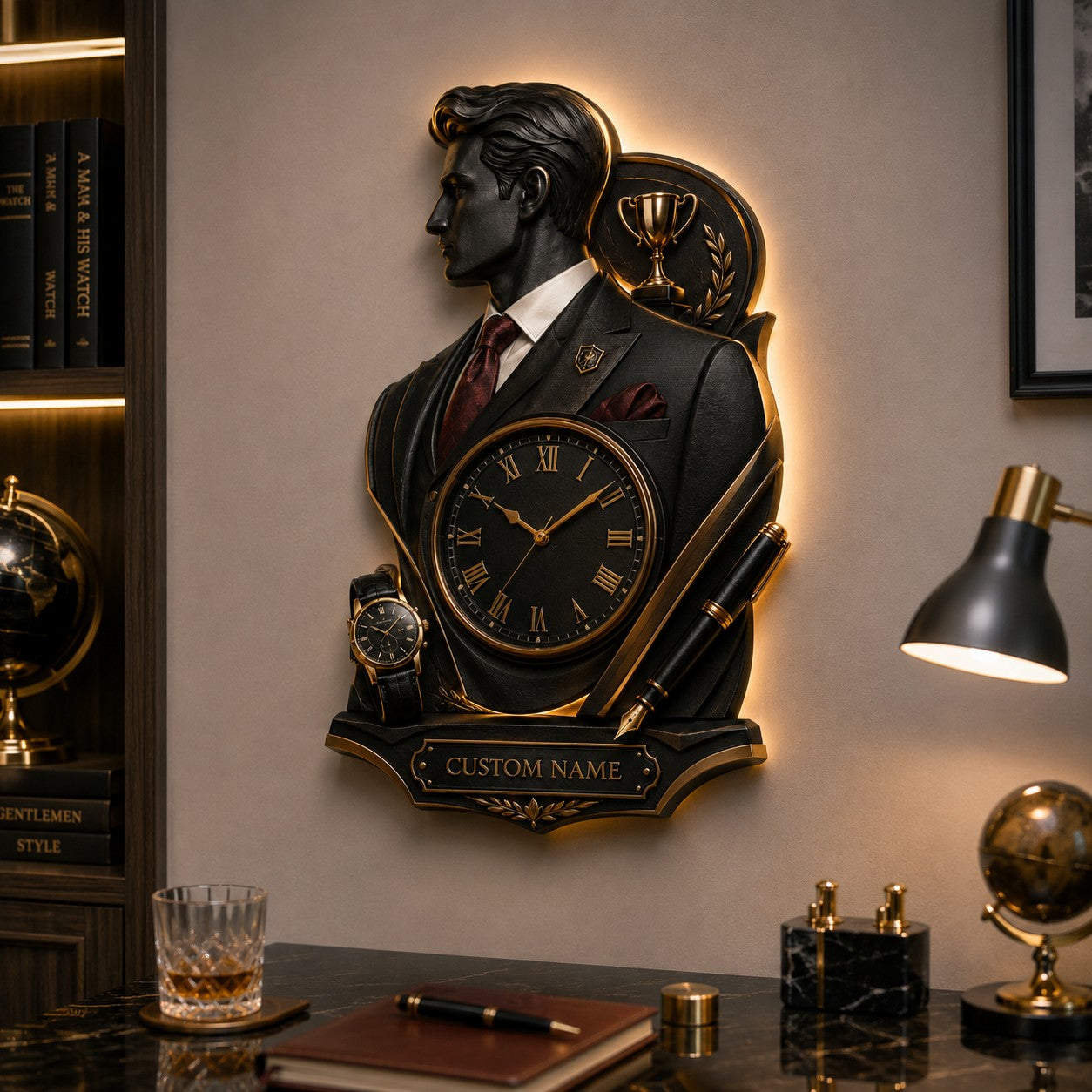 Personalized Executive Portrait Wall Clock with Custom Name — personalized with a custom name