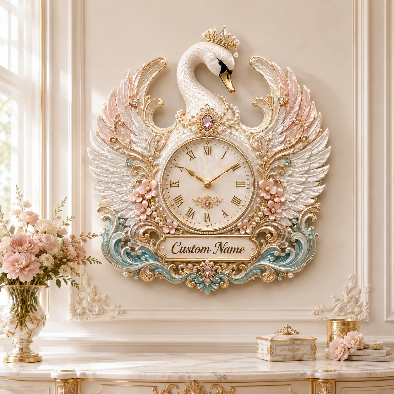 Personalized Pearl Swan Wall Clock with Custom Name — personalized with a custom name