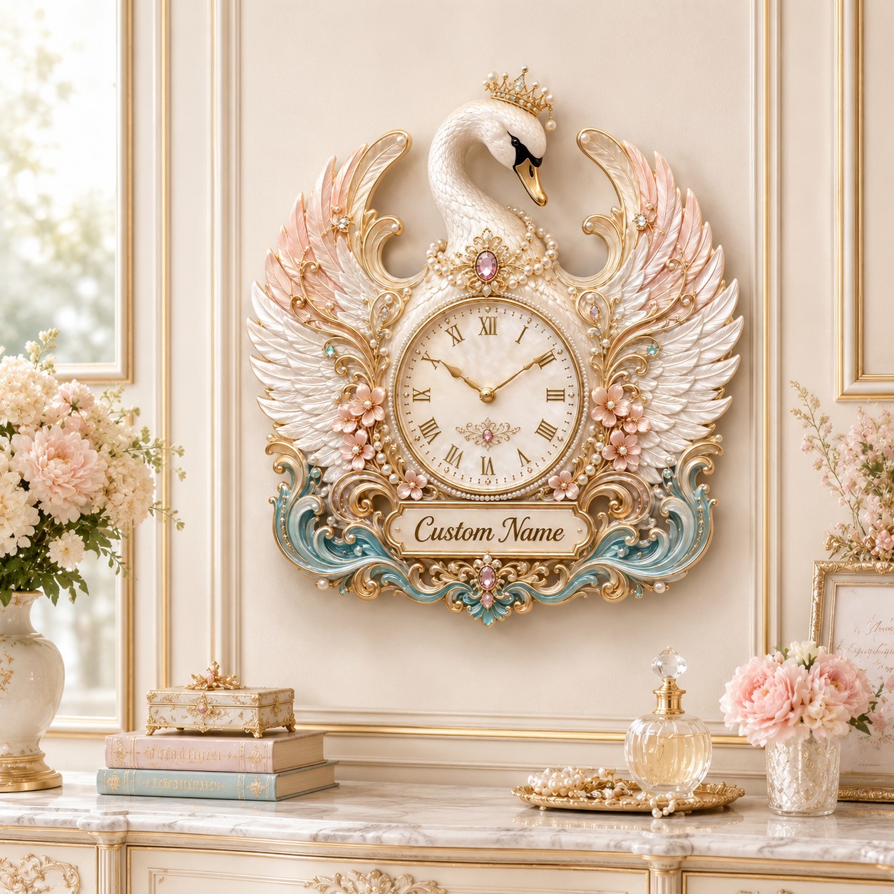 Personalized Pearl Swan Wall Clock with Custom Name — personalized with a custom name