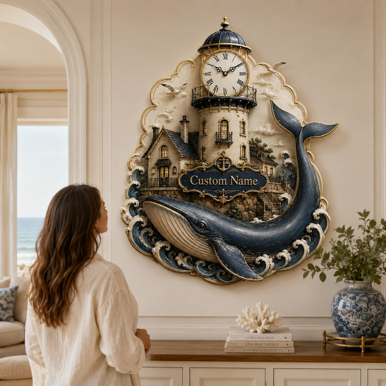 Personalized Lighthouse Whale Wall Clock with Custom Name — personalized with a custom name