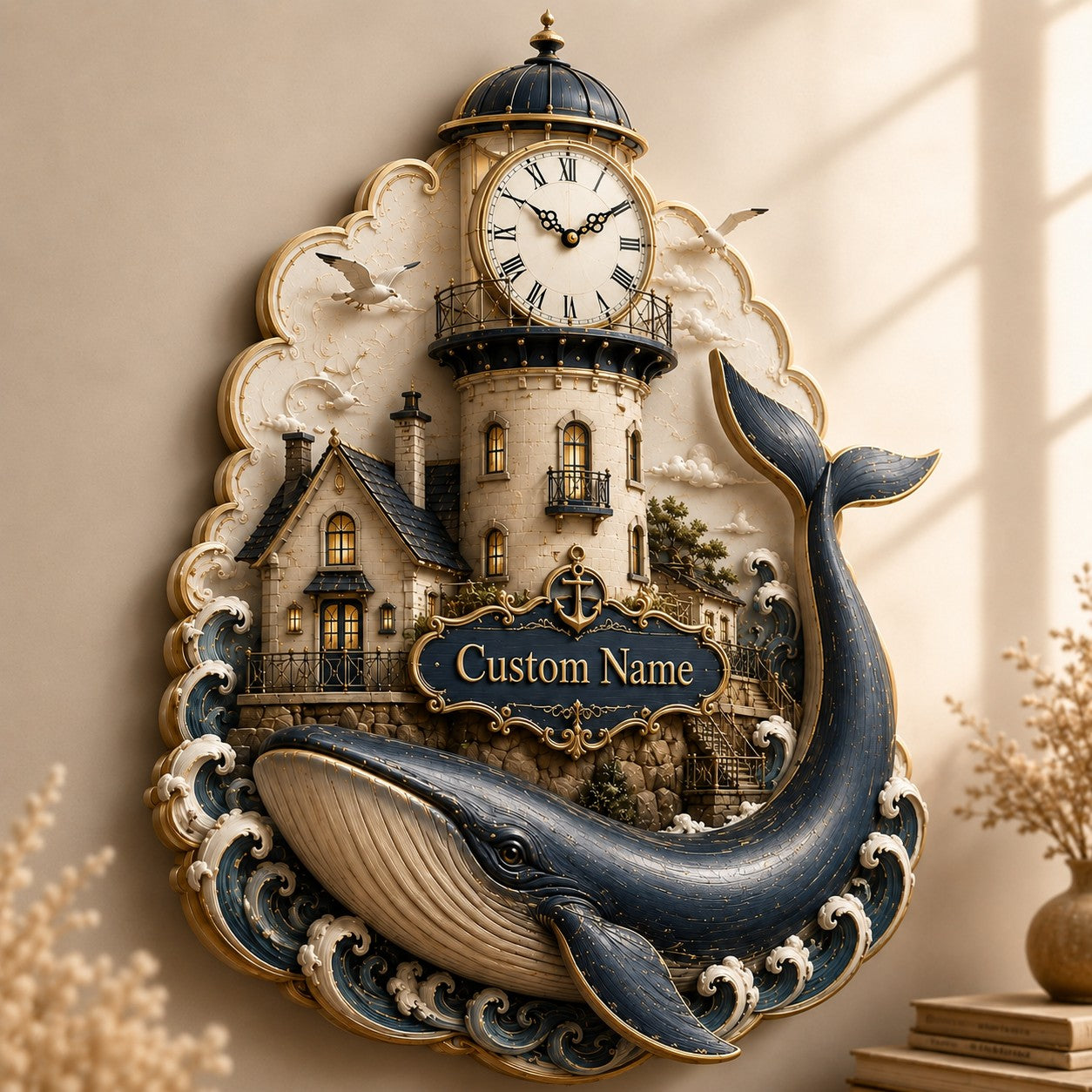 Personalized Lighthouse Whale Wall Clock with Custom Name — personalized with a custom name