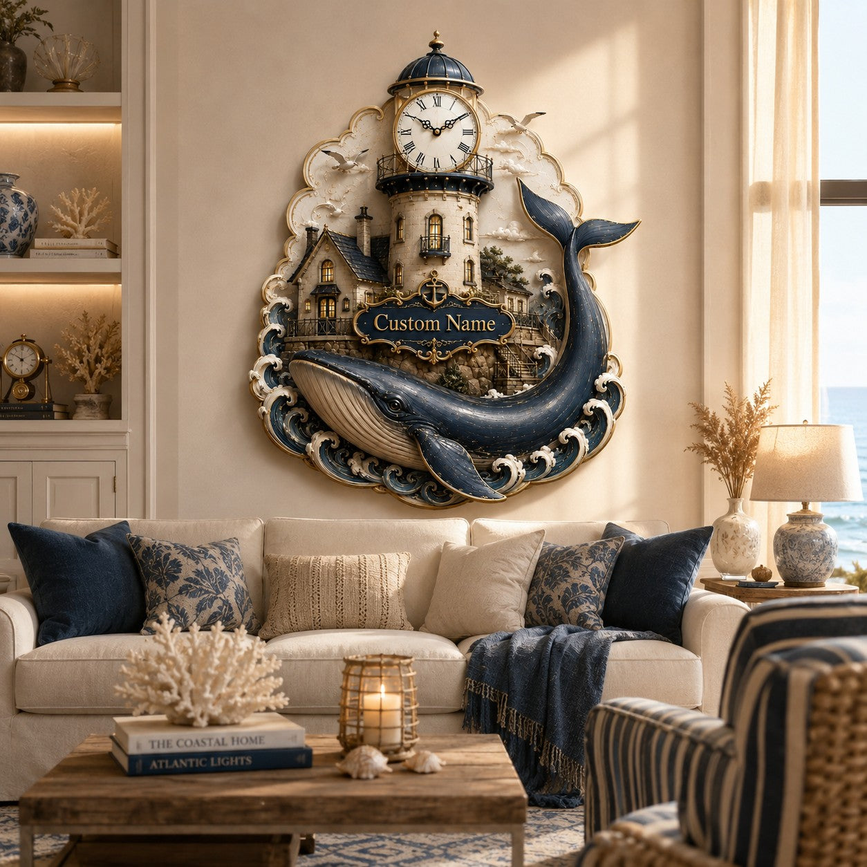 Personalized Lighthouse Whale Wall Clock with Custom Name — personalized with a custom name