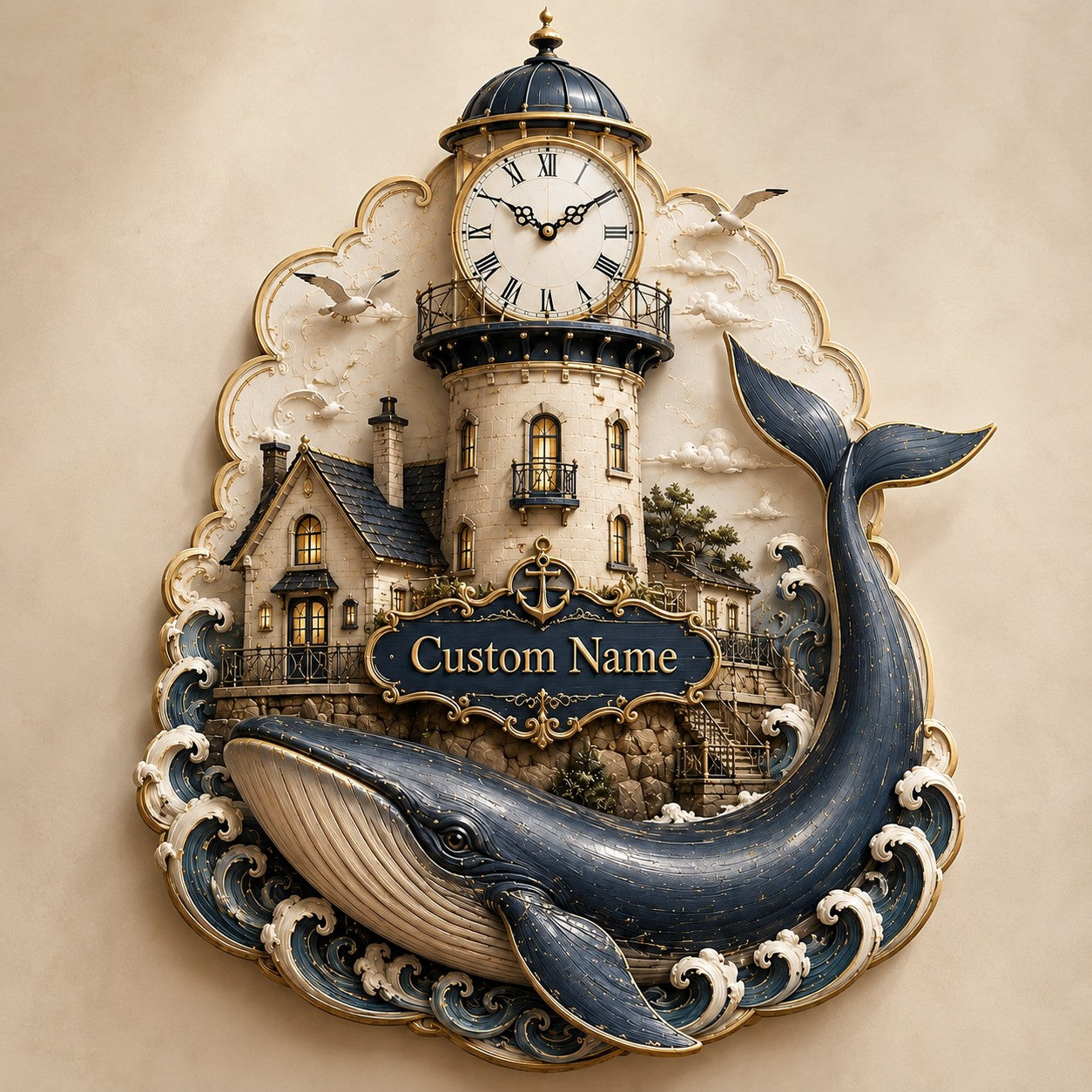 Personalized Lighthouse Whale Wall Clock with Custom Name — personalized with a custom name