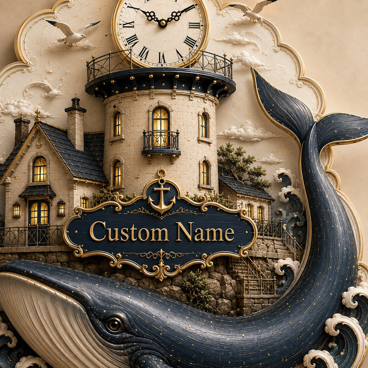Personalized Lighthouse Whale Wall Clock with Custom Name — personalized with a custom name