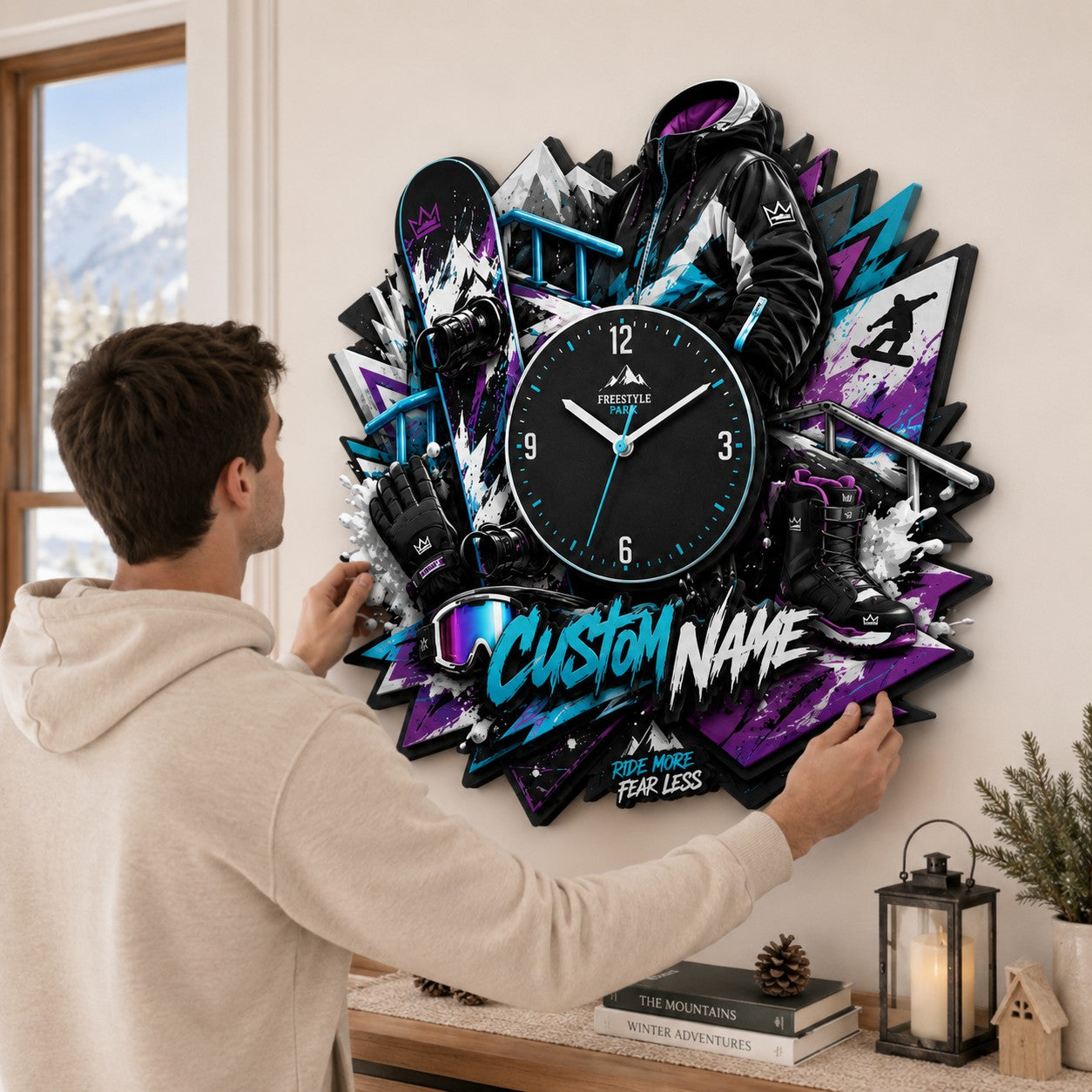 Personalized Snowboard Enthusiasts Wall Clock with Custom Name — personalized with a custom name