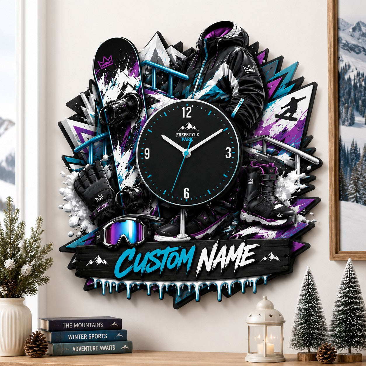 Personalized Snowboard Enthusiasts Wall Clock with Custom Name — personalized with a custom name