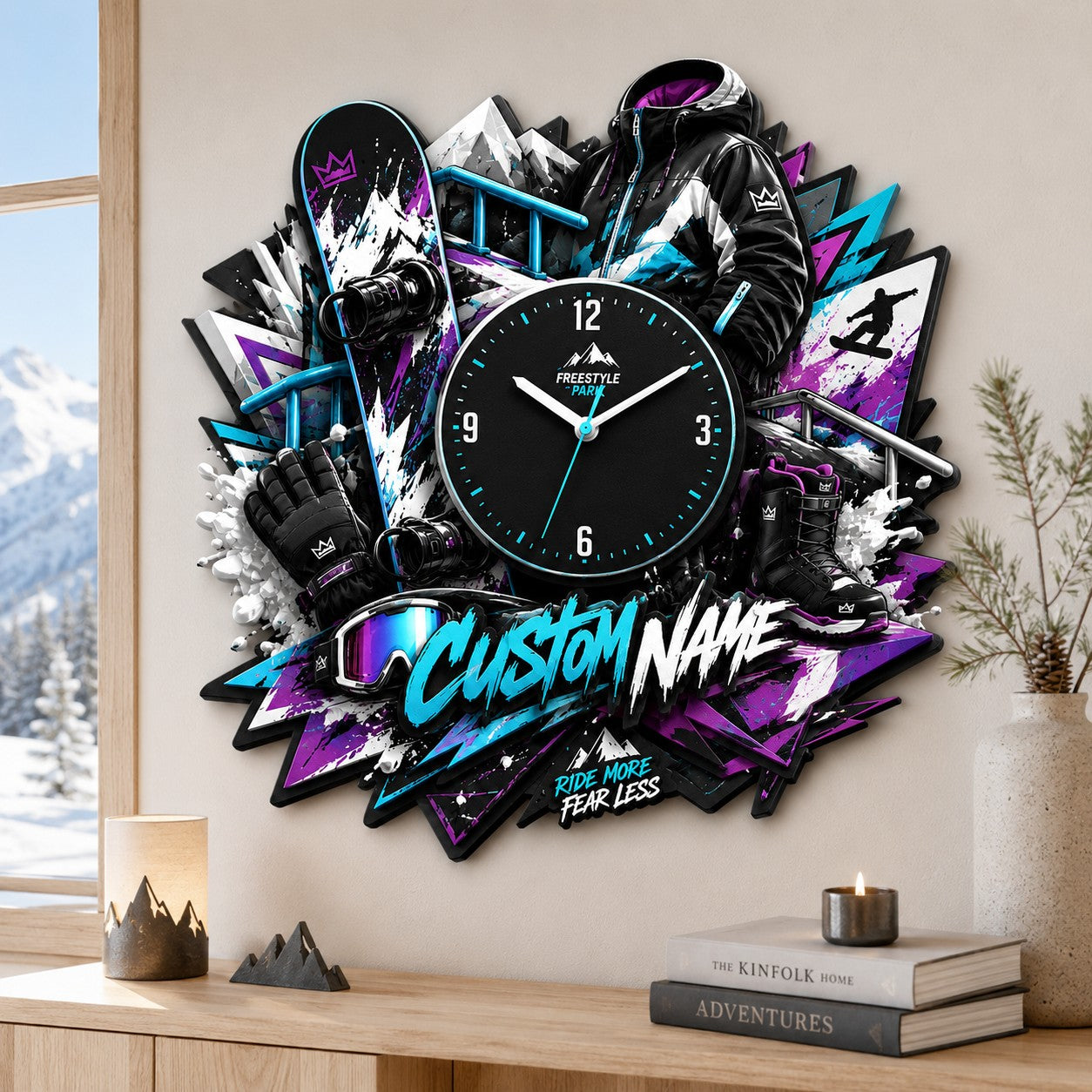 Personalized Snowboard Enthusiasts Wall Clock with Custom Name — personalized with a custom name
