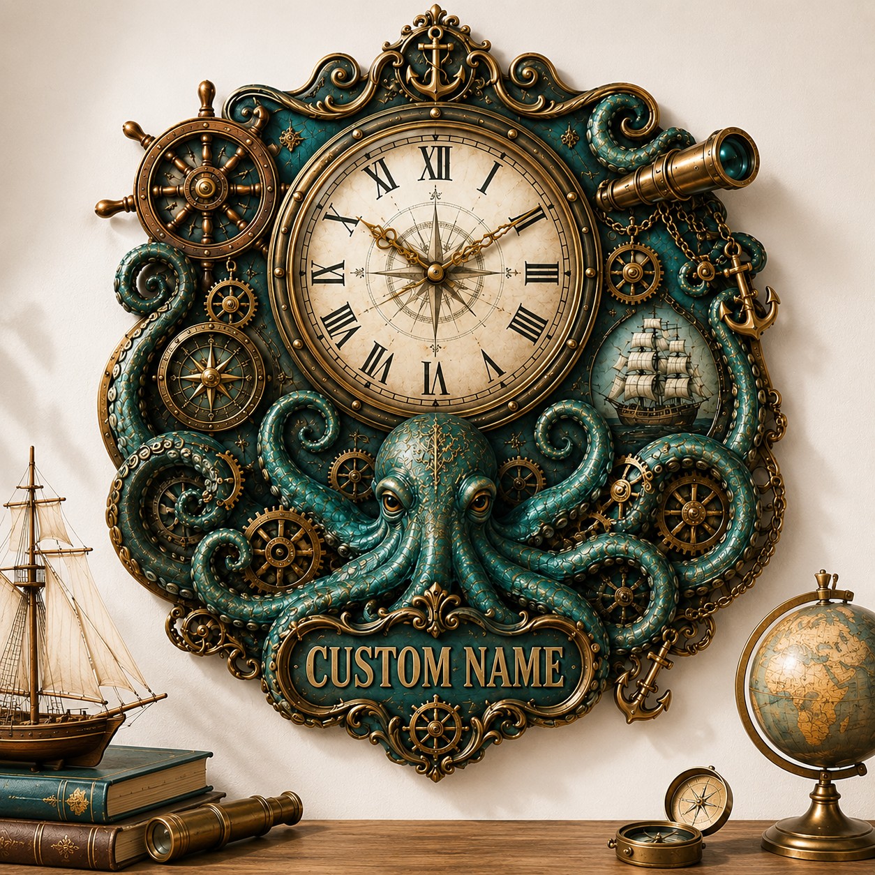 Personalized Steampunk Wall Clock with Custom Name — personalized with a custom name