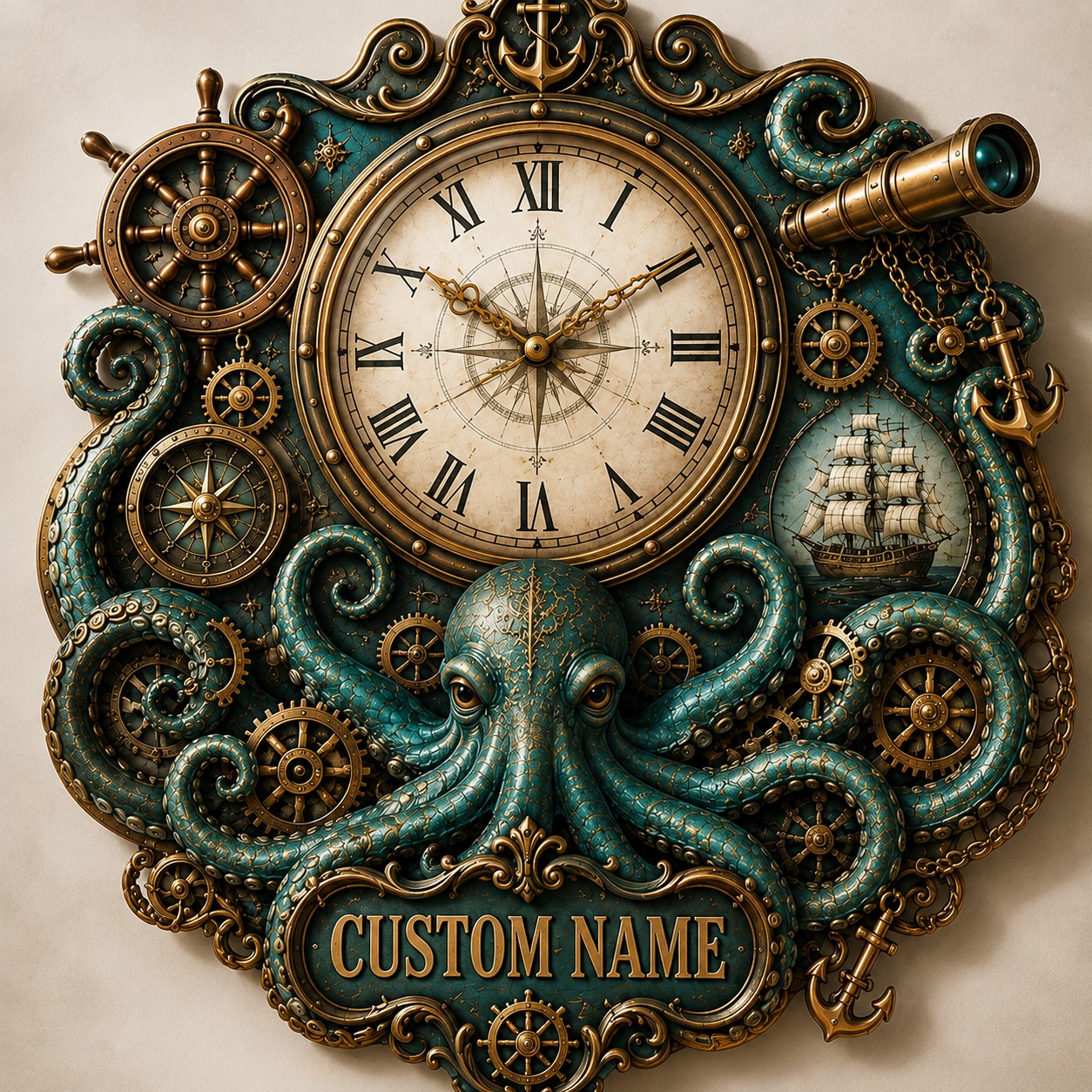 Personalized Steampunk Wall Clock with Custom Name — personalized with a custom name