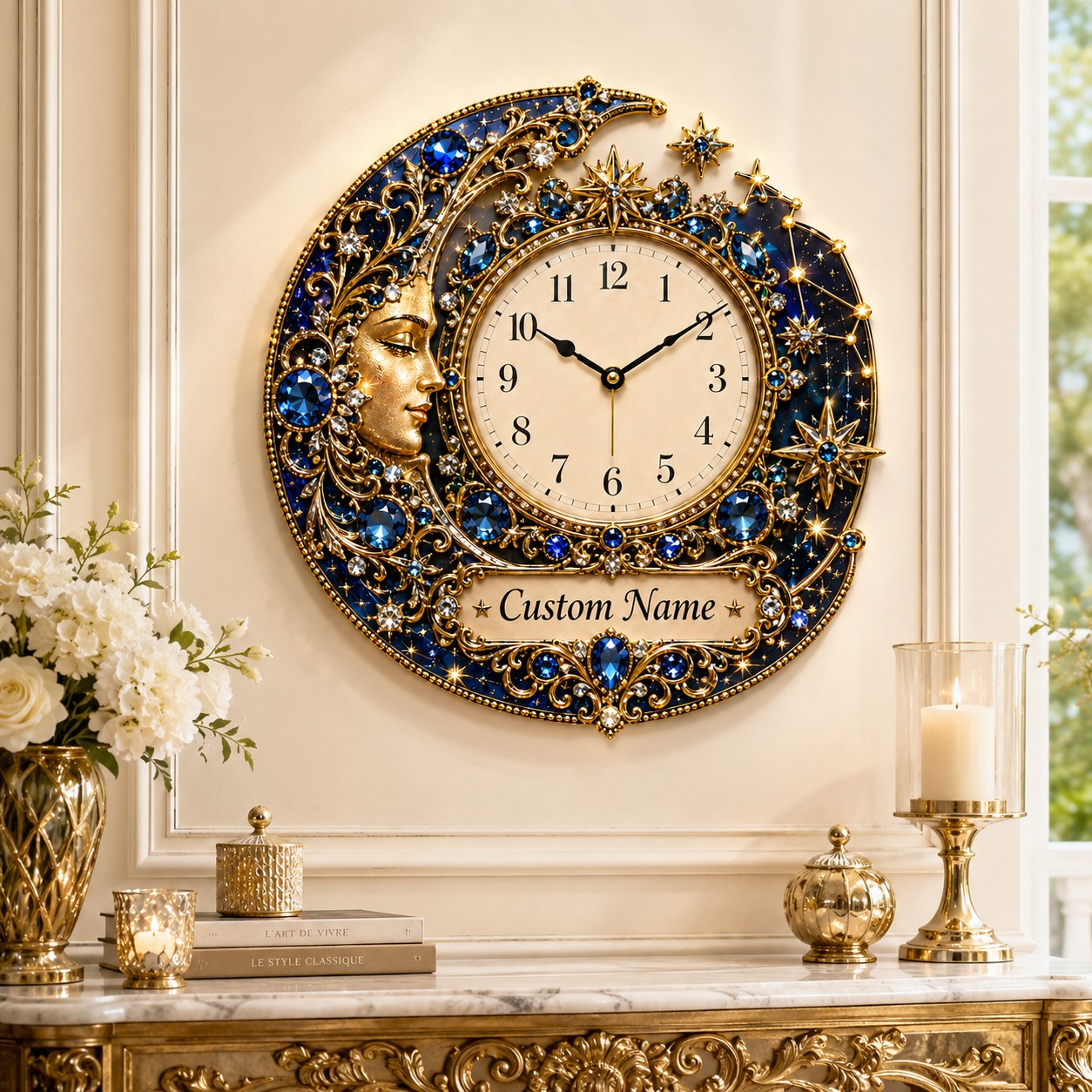 Personalized Celestial Wall Clock with Custom Name (Design 2) — personalized with a custom name
