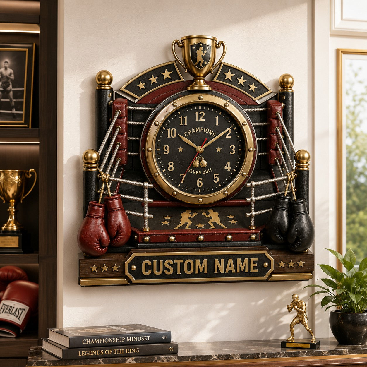 Personalized Boxing Ring Wall Clock with Custom Name — personalized with a custom name
