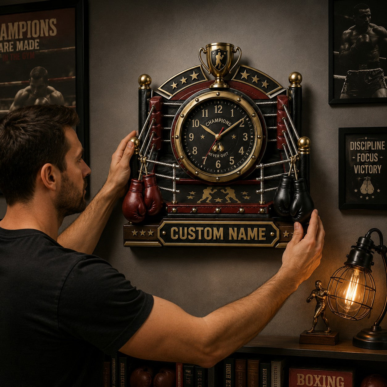 Personalized Boxing Ring Wall Clock with Custom Name — personalized with a custom name