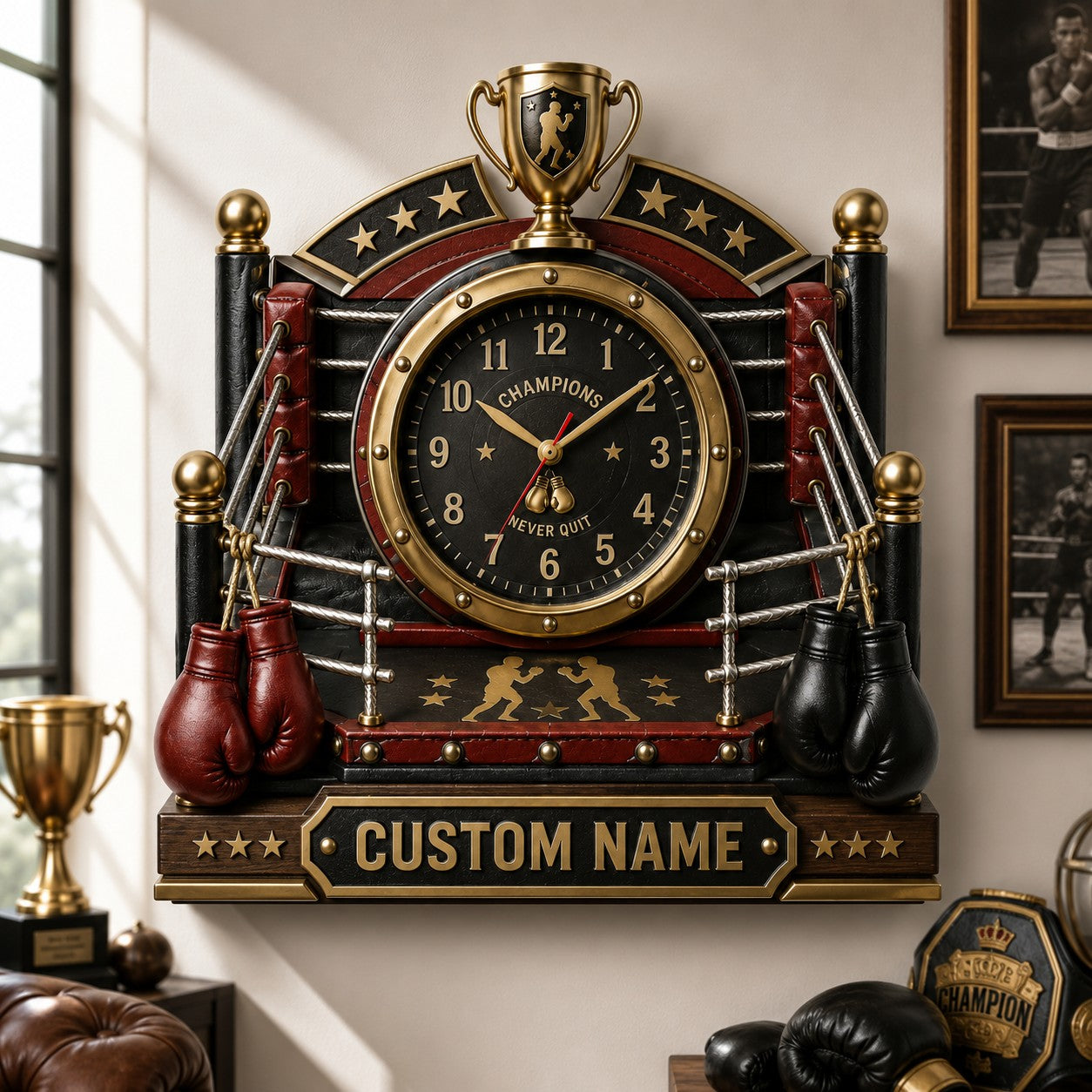 Personalized Boxing Ring Wall Clock with Custom Name — personalized with a custom name