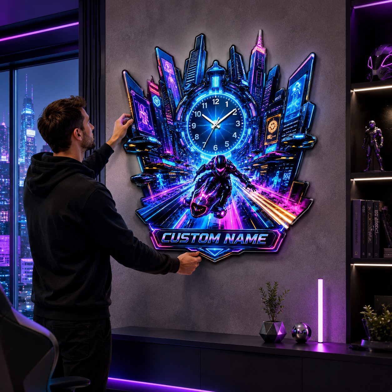 Personalized Cyberpunk Motorcycle Wall Clock with Custom Name — personalized with a custom name