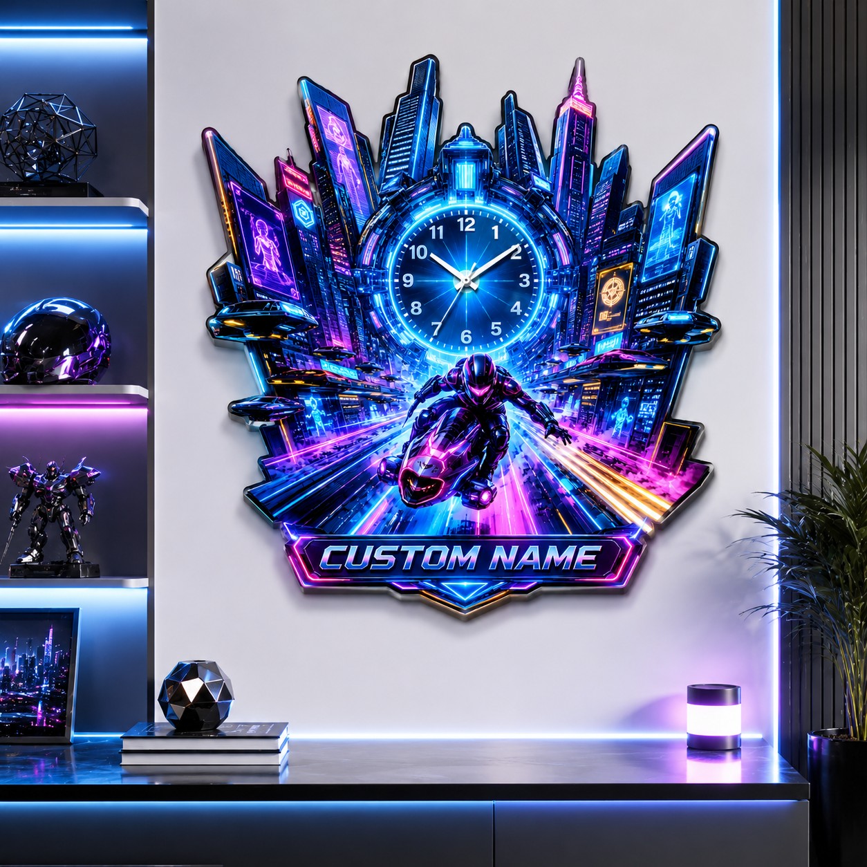 Personalized Cyberpunk Motorcycle Wall Clock with Custom Name — personalized with a custom name