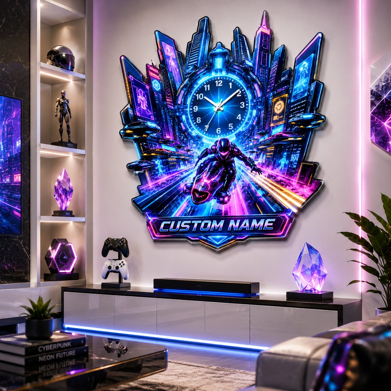 Personalized Cyberpunk Motorcycle Wall Clock with Custom Name — personalized with a custom name