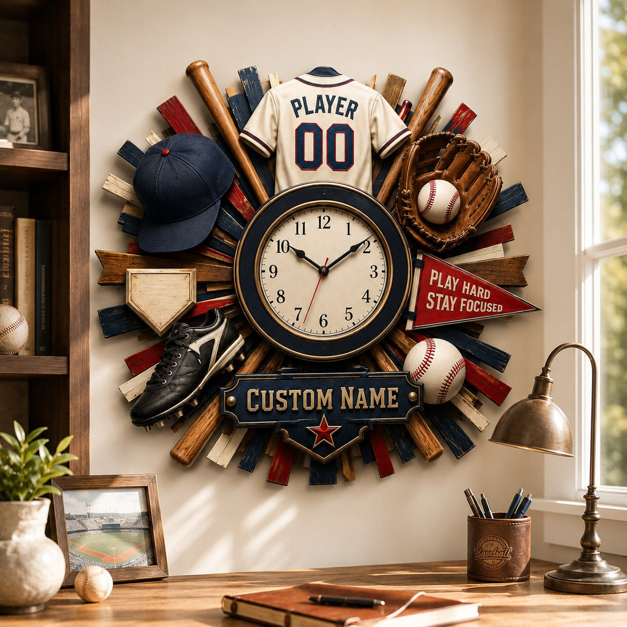 Personalized Vintage Sports Wall Clock with Custom Name — personalized with a custom name
