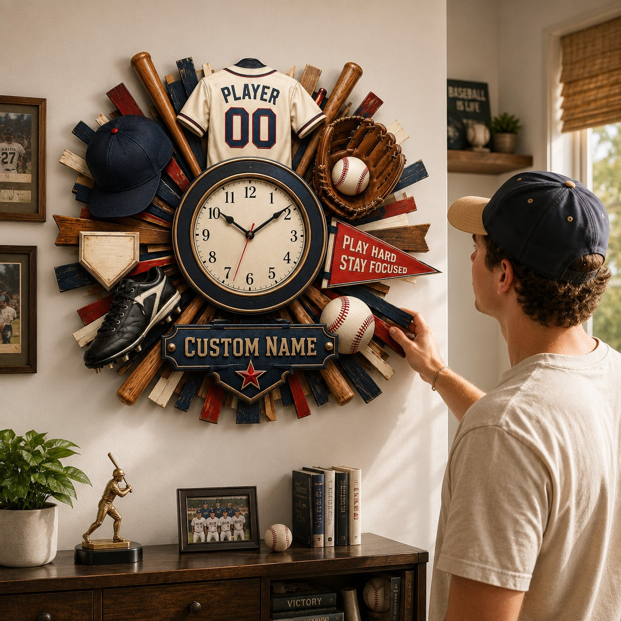 Personalized Vintage Sports Wall Clock with Custom Name — personalized with a custom name