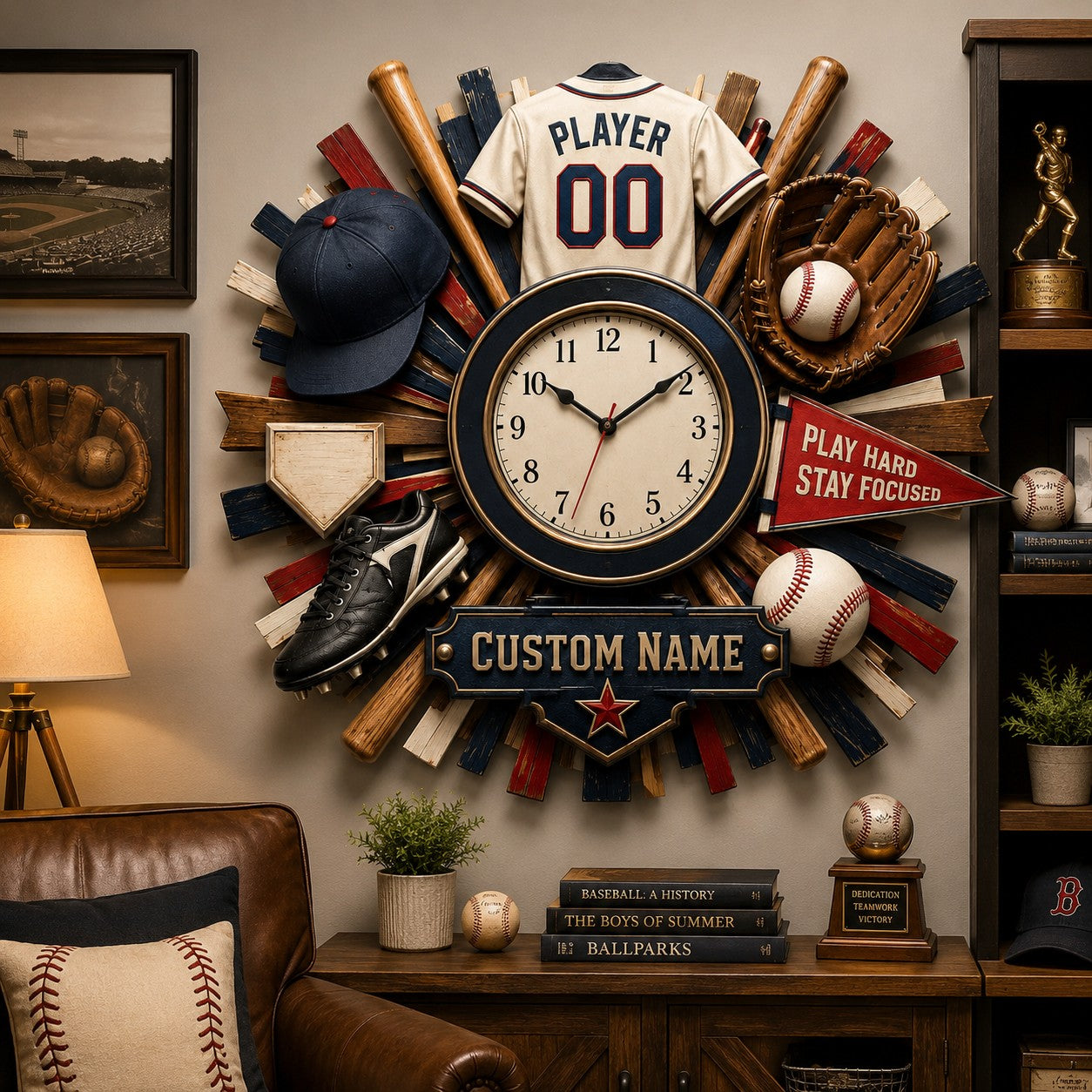 Personalized Vintage Sports Wall Clock with Custom Name — personalized with a custom name