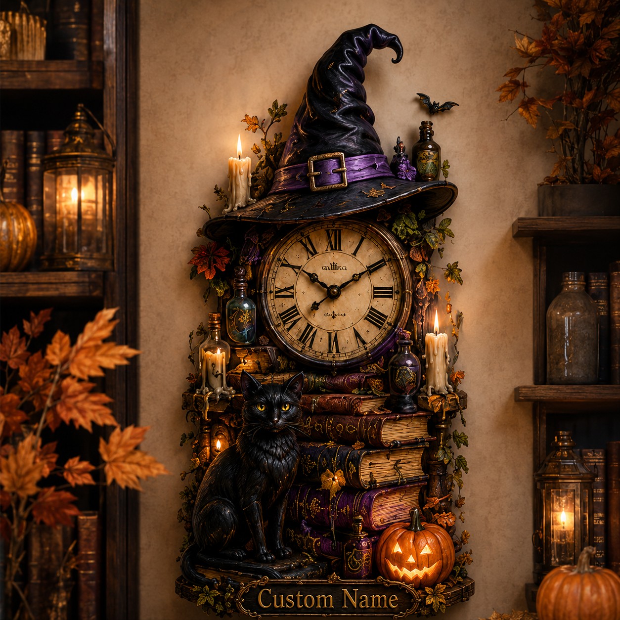 Personalized Gothic Raven Library Wall Clock with Custom Name — personalized with a custom name