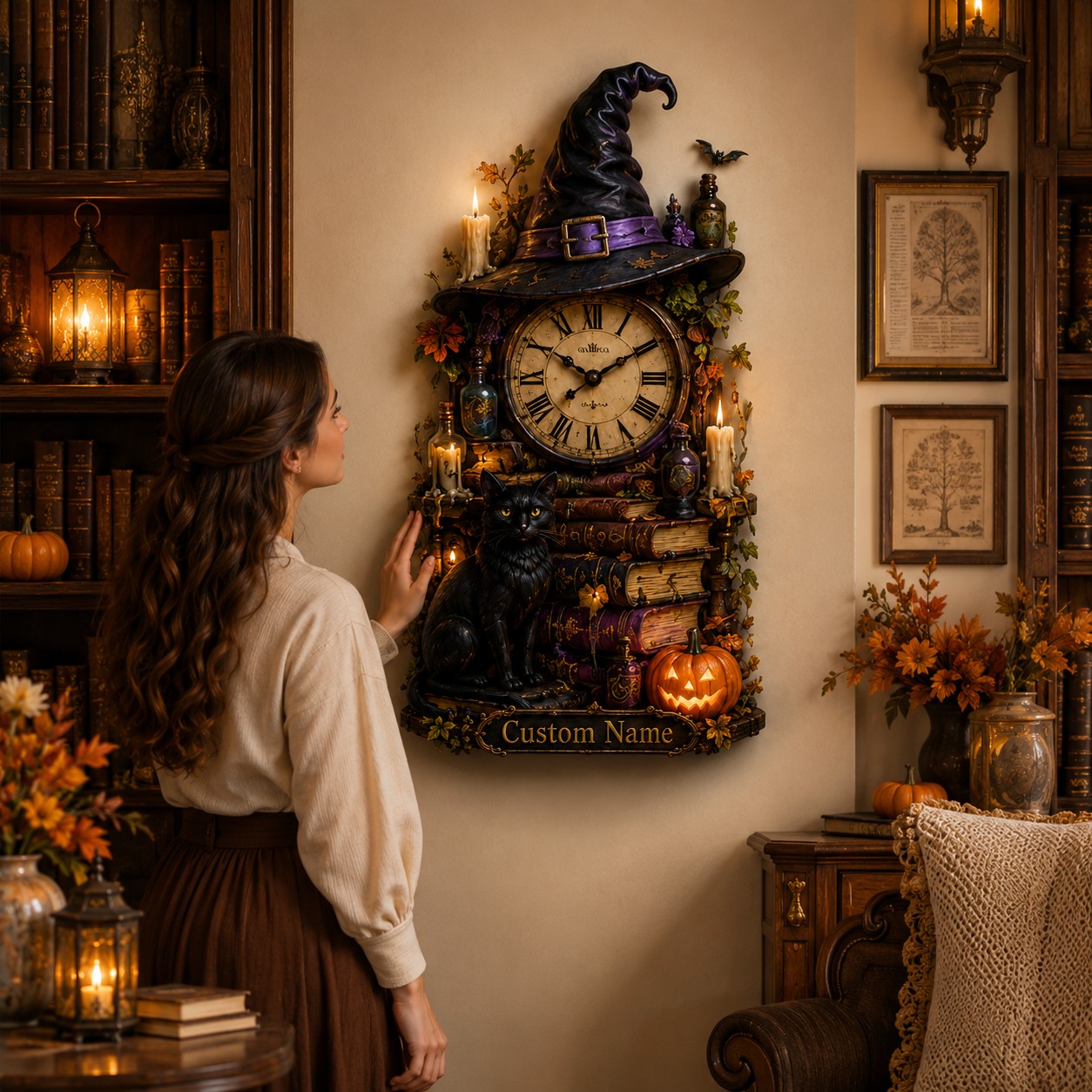 Personalized Gothic Raven Library Wall Clock with Custom Name — personalized with a custom name