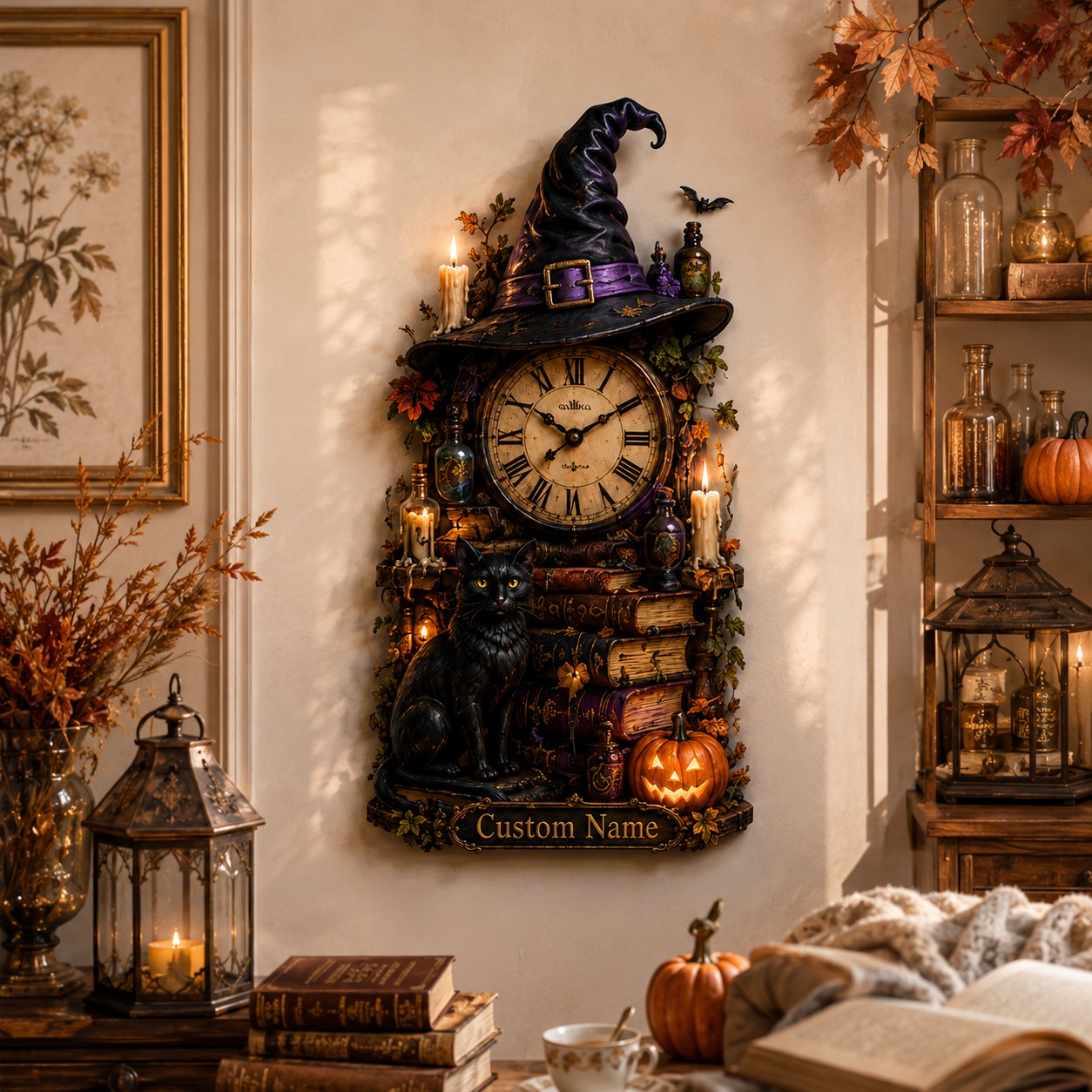 Personalized Gothic Raven Library Wall Clock with Custom Name — personalized with a custom name