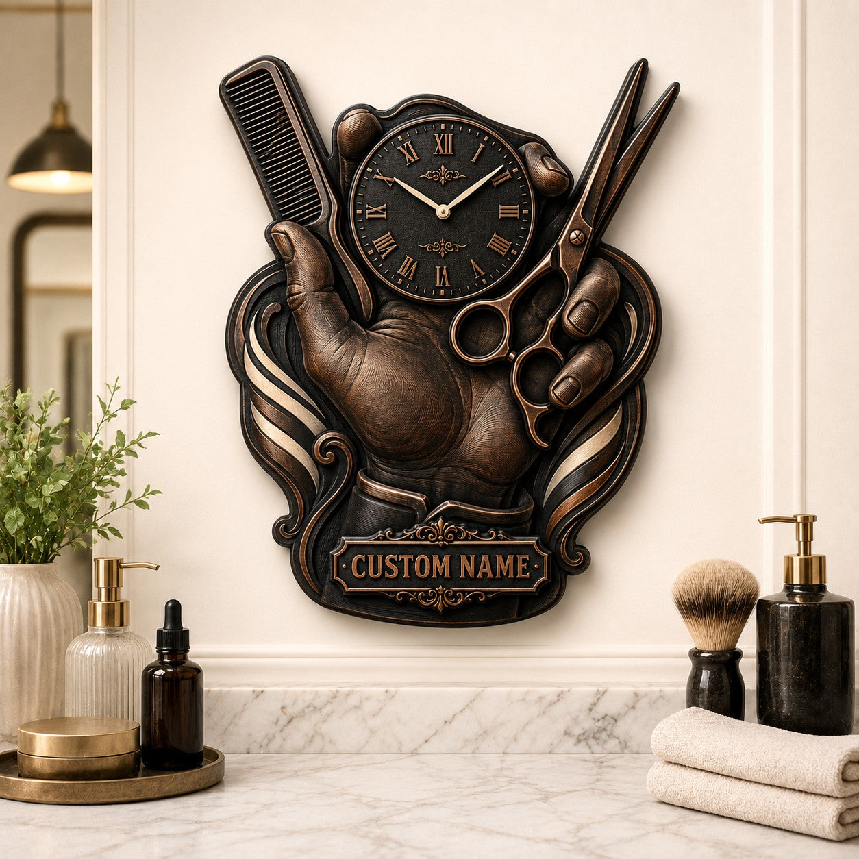 Personalized Barber Hand Scissors and Comb Wall Clock with Custom Name — personalized with a custom name