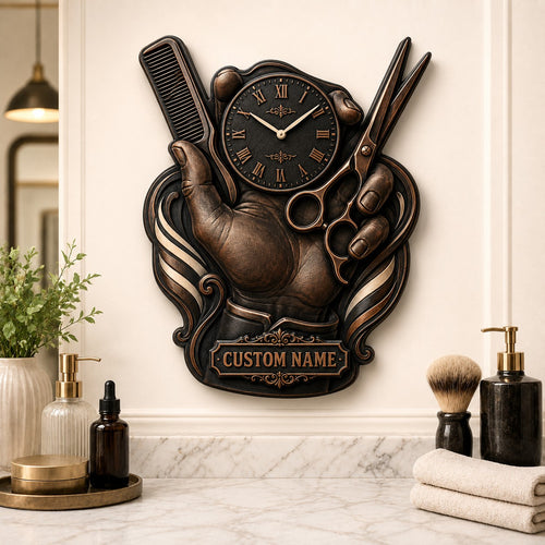 Personalized Barber Hand Scissors and Comb Wall Clock with Custom Name — personalized with a custom name