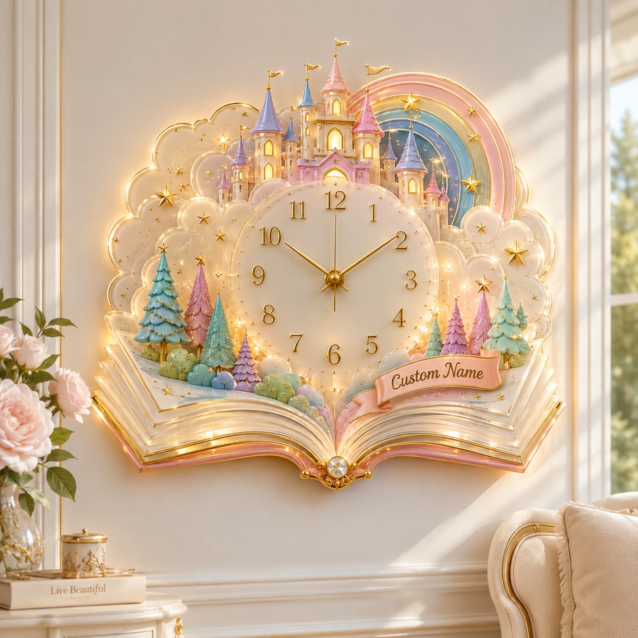 Personalized Fairy Tale Castle Wall Clock with Custom Name — personalized with a custom name