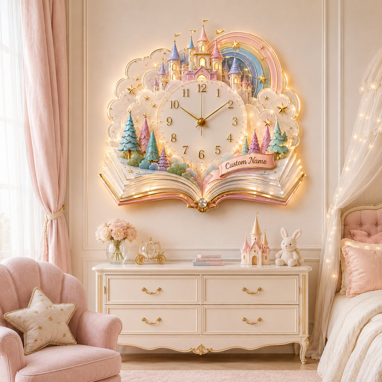 Personalized Fairy Tale Castle Wall Clock with Custom Name — personalized with a custom name