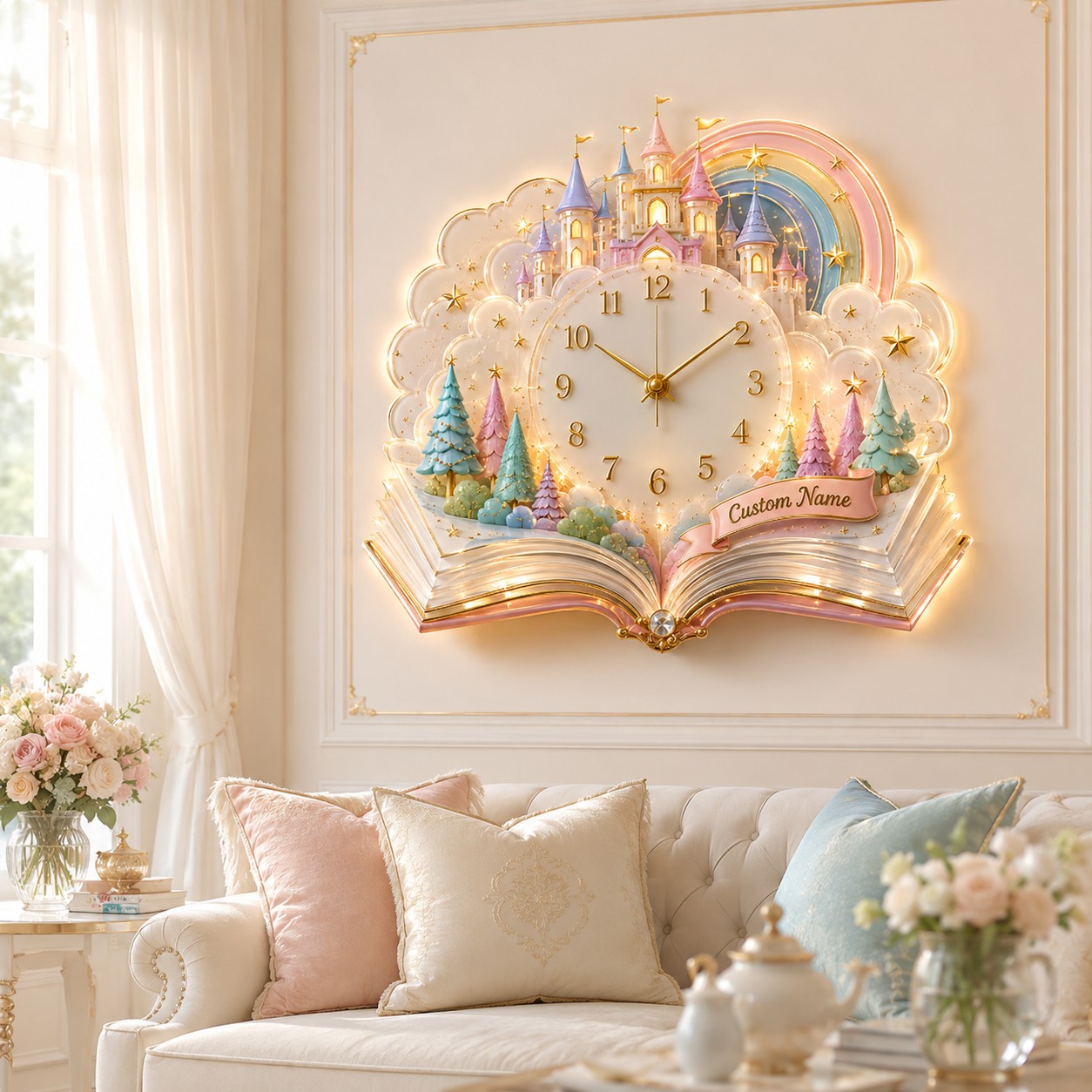 Personalized Fairy Tale Castle Wall Clock with Custom Name — personalized with a custom name