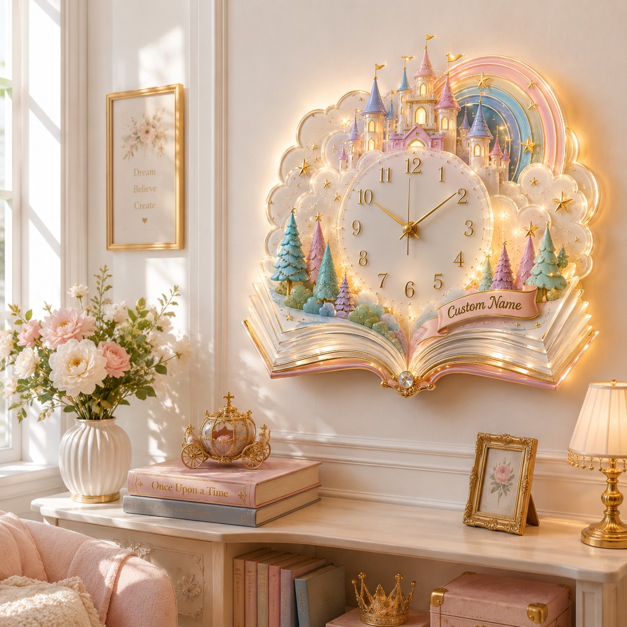Personalized Fairy Tale Castle Wall Clock with Custom Name — personalized with a custom name