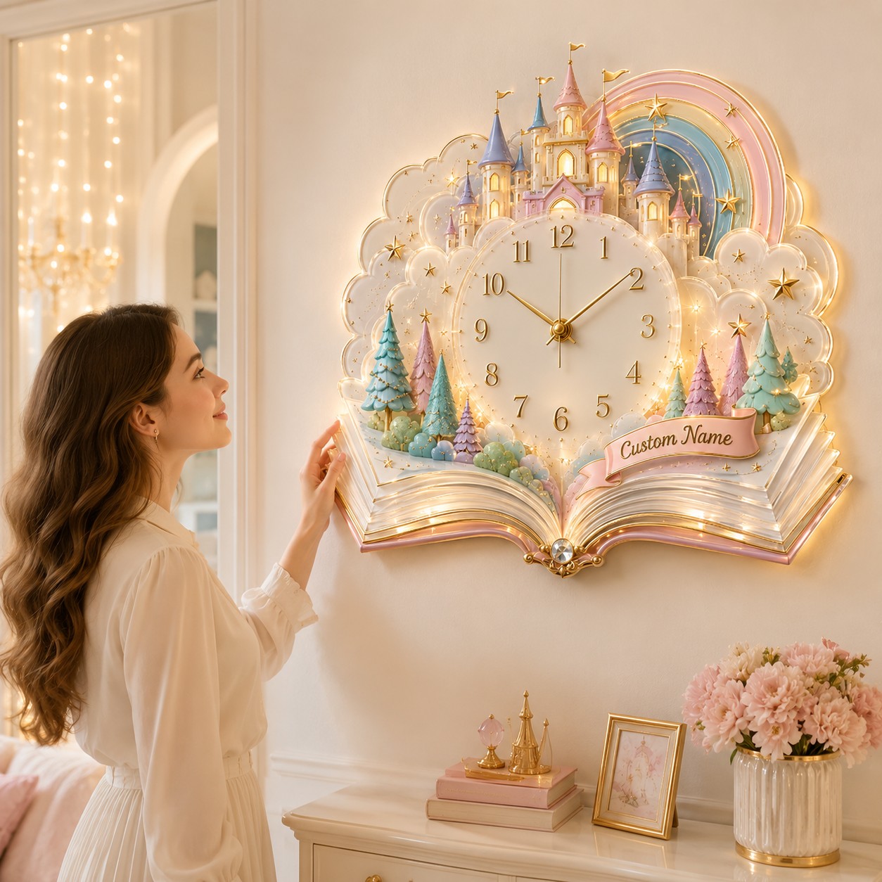 Personalized Fairy Tale Castle Wall Clock with Custom Name — personalized with a custom name