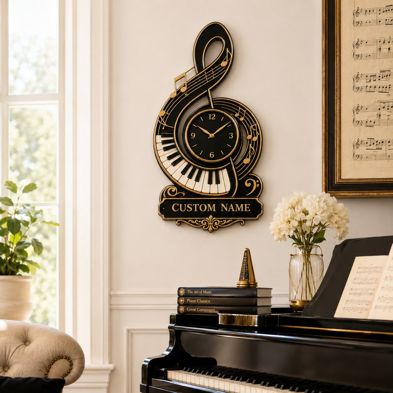 Personalized Pianist Wall Clock with Custom Name — personalized with a custom name