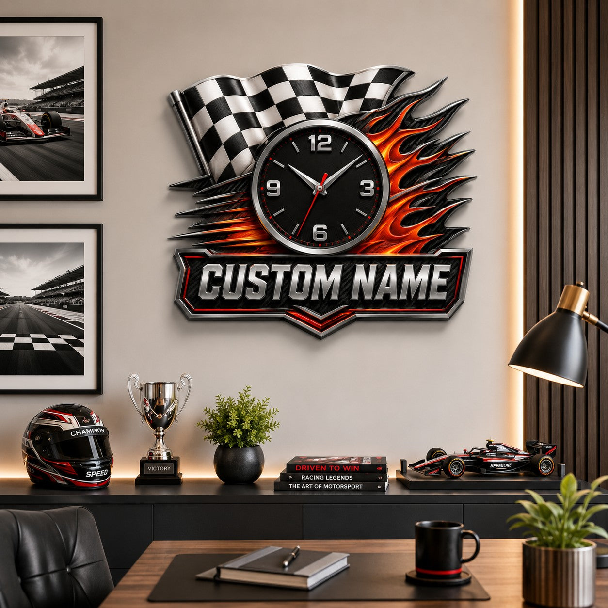 Personalized Checkered Flag Wall Clock with Custom Name — personalized with a custom name
